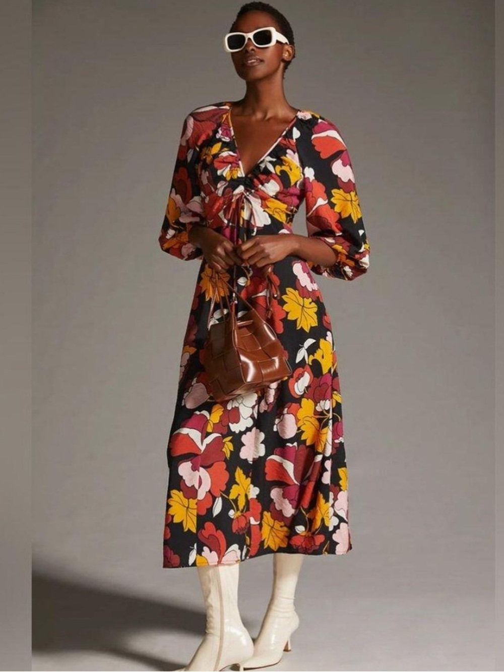 Anthropologie Maeve Deep-V Ruched Midi Dress Floral Print Autumnal Fall 4